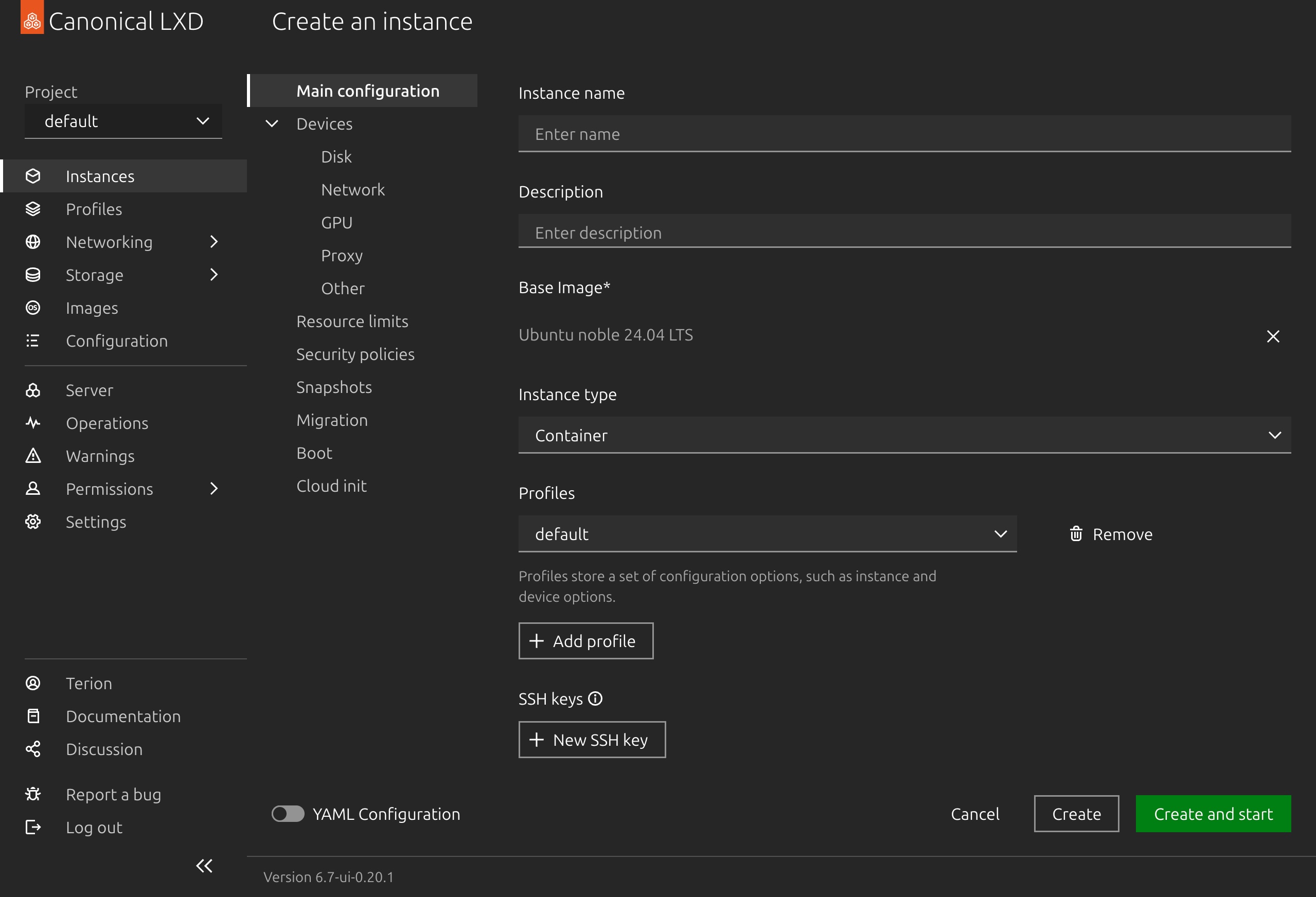 Creating a container in LXD UI